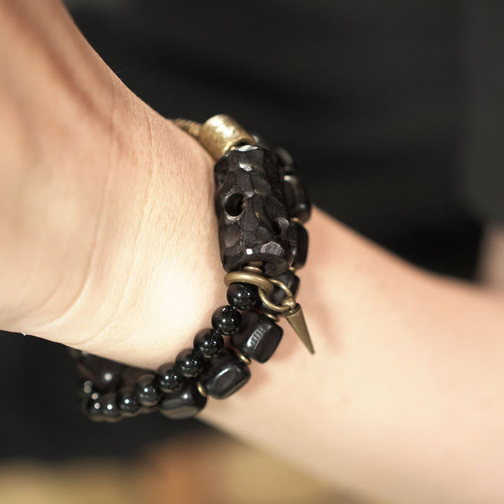 Buddha Stones, Ebenholz, schwarzer Obsidian, Kupfer, Messing, Peace-Armband, doppelt gewickelt