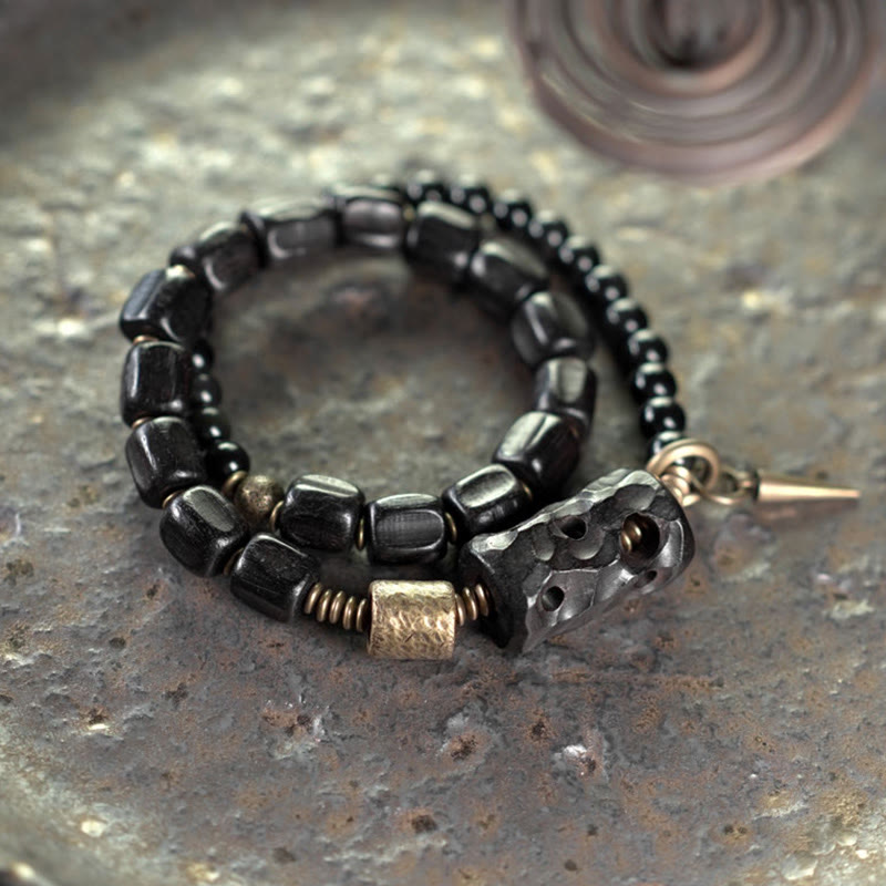 Buddha Stones, Ebenholz, schwarzer Obsidian, Kupfer, Messing, Peace-Armband, doppelt gewickelt