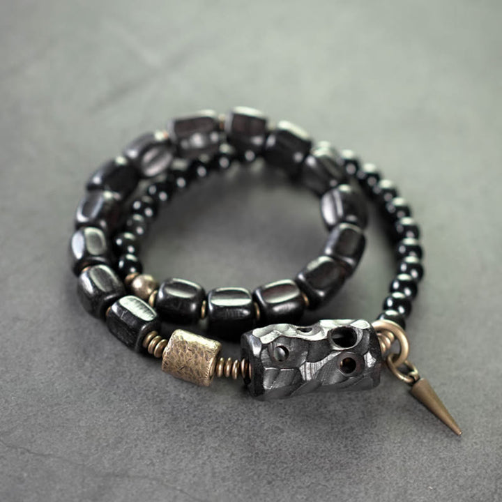 Buddha Stones, Ebenholz, schwarzer Obsidian, Kupfer, Messing, Peace-Armband, doppelt gewickelt