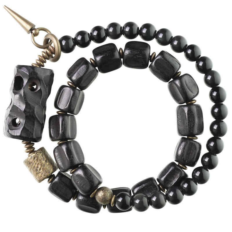 Buddha Stones, Ebenholz, schwarzer Obsidian, Kupfer, Messing, Peace-Armband, doppelt gewickelt