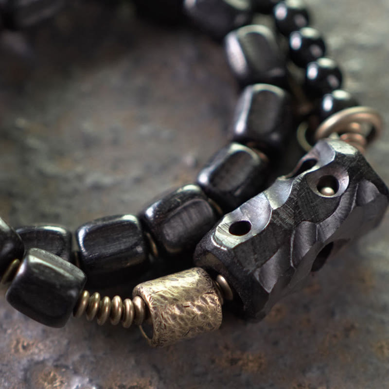 Buddha Stones, Ebenholz, schwarzer Obsidian, Kupfer, Messing, Peace-Armband, doppelt gewickelt