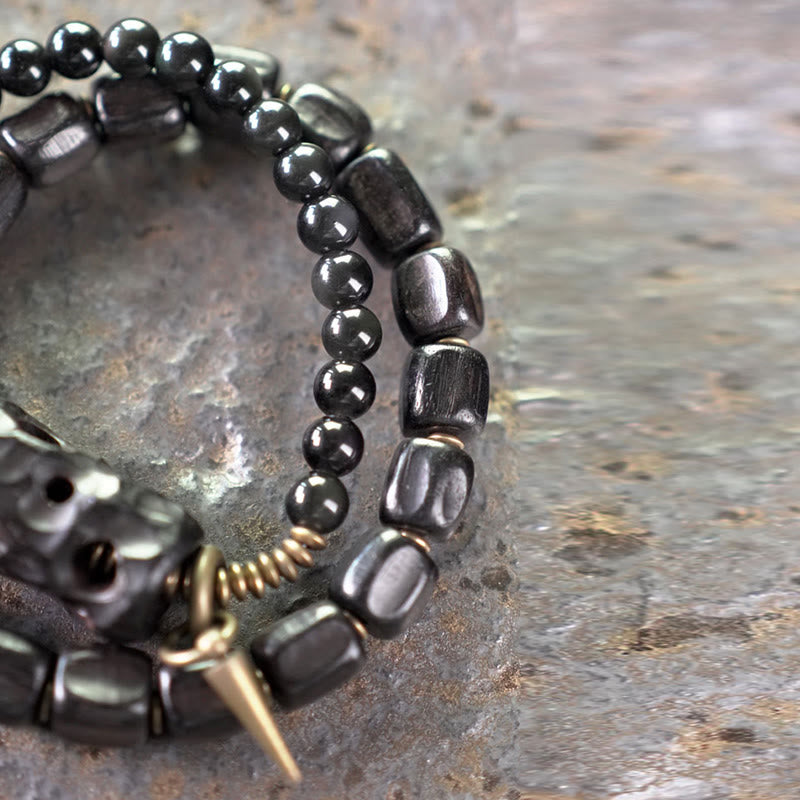 Buddha Stones, Ebenholz, schwarzer Obsidian, Kupfer, Messing, Peace-Armband, doppelt gewickelt