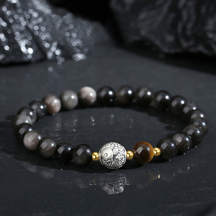 Buddha Stones Schwarzer Obsidian 999 Sterling Silber Tigerauge 925 Sterling Silber Koi Fisch Reinigungsarmband