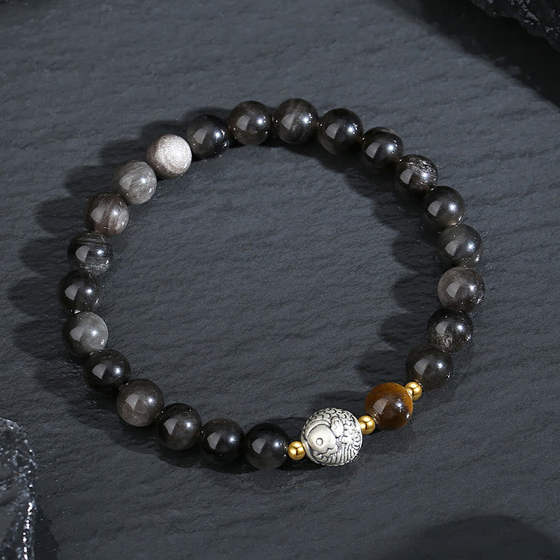 Buddha Stones Schwarzer Obsidian 999 Sterling Silber Tigerauge 925 Sterling Silber Koi Fisch Reinigungsarmband