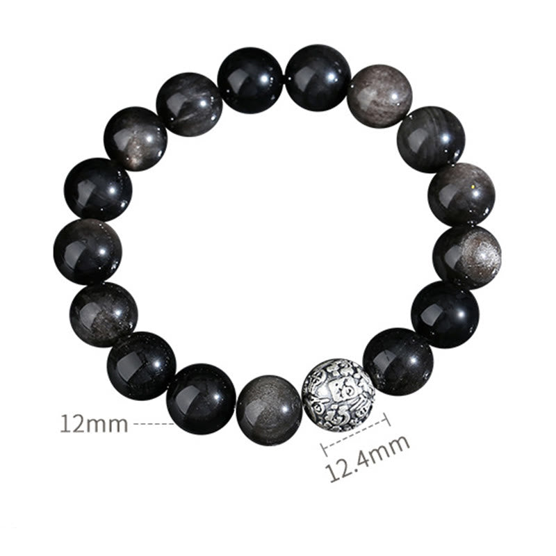 Buddha Stones Schwarzer Obsidian 999 Sterling Silber Reinigung Fu Charakter Transformation Armband