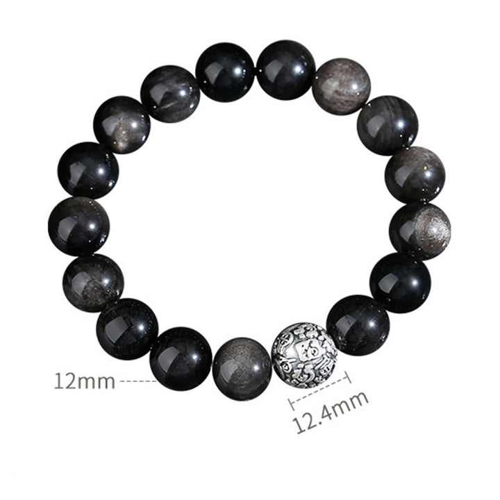 Buddha Stones Schwarzer Obsidian 999 Sterling Silber Reinigung Fu Charakter Transformation Armband - image 9