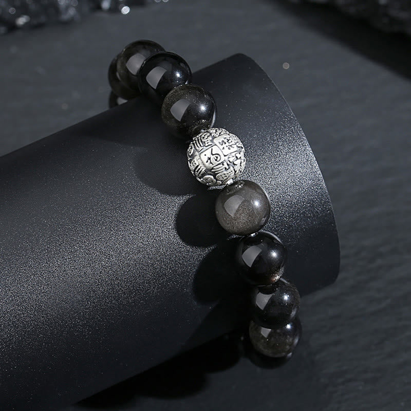 Buddha Stones Schwarzer Obsidian 999 Sterling Silber Reinigung Fu Charakter Transformation Armband - image 3