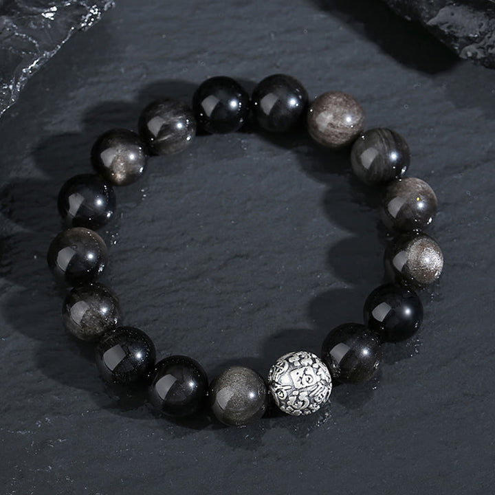 Buddha Stones Schwarzer Obsidian 999 Sterling Silber Reinigung Fu Charakter Transformation Armband - image 2