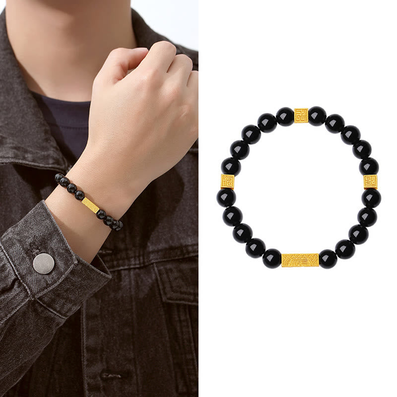 Buddha Stones Schwarzer Obsidian 925 Sterling Silber Fu Charakter Würfel Stärke Armband - image 10