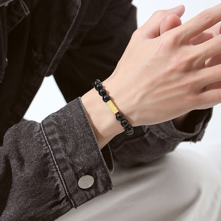 Buddha Stones Schwarzer Obsidian 925 Sterling Silber Fu Charakter Würfel Stärke Armband - image 9