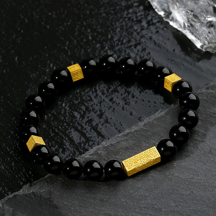 Buddha Stones Schwarzer Obsidian 925 Sterling Silber Fu Charakter Würfel Stärke Armband - image 3