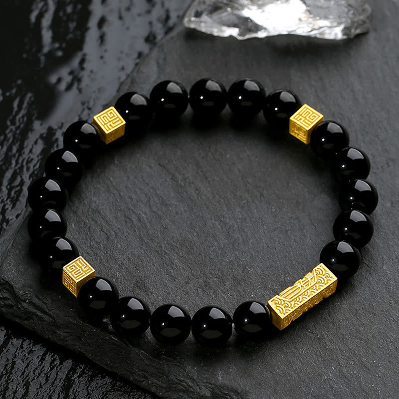 Buddha Stones Schwarzer Obsidian 925 Sterling Silber Fu Charakter Würfel Stärke Armband - image 2