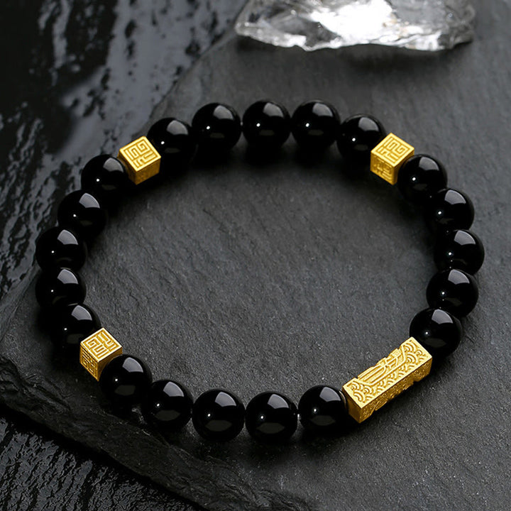 Buddha Stones Schwarzer Obsidian 925 Sterling Silber Fu Charakter Würfel Stärke Armband - image 2