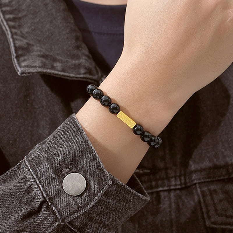 Buddha Stones Schwarzer Obsidian 925 Sterling Silber Fu Charakter Würfel Stärke Armband - image 8