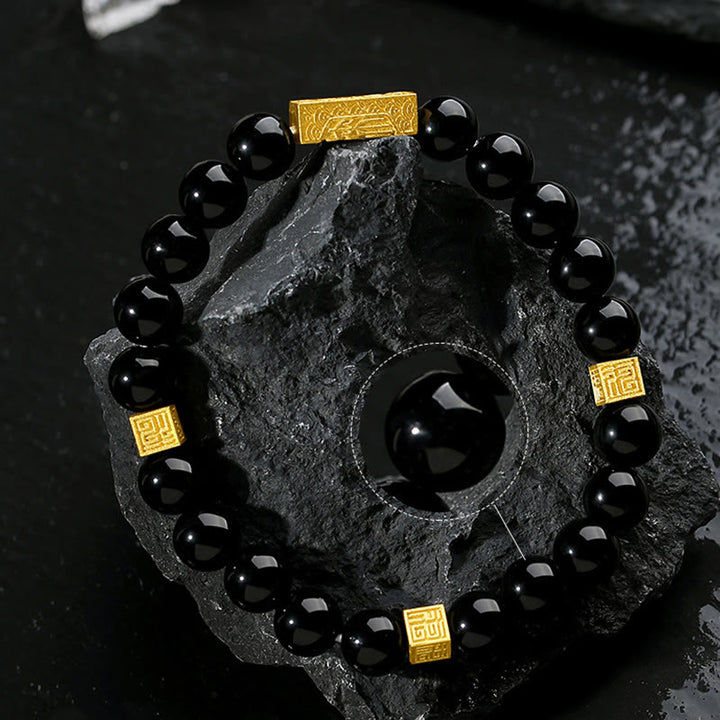 Buddha Stones Schwarzer Obsidian 925 Sterling Silber Fu Charakter Würfel Stärke Armband - image 4