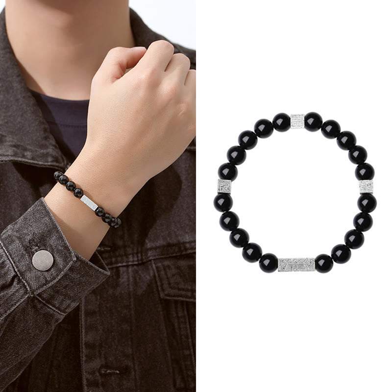 Buddha Stones Schwarzer Obsidian 925 Sterling Silber Fu Charakter Würfel Stärke Armband - Schwarzer Obsidian, Silber (Handgelenkumfang: 17-19 cm) - image 13