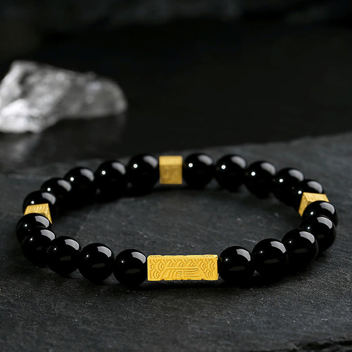 Buddha Stones Schwarzer Obsidian 925 Sterling Silber Fu Charakter Würfel Stärke Armband - image 1
