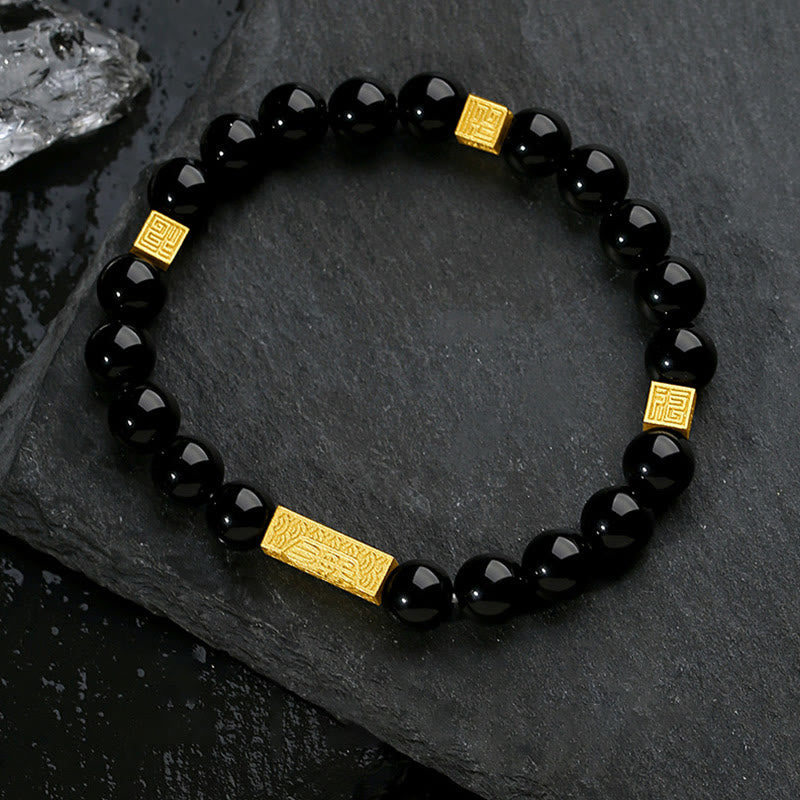 Buddha Stones Schwarzer Obsidian 925 Sterling Silber Fu Charakter Würfel Stärke Armband - Schwarzer Obsidian, Gold (Handgelenkumfang: 17-19 cm) - image 0
