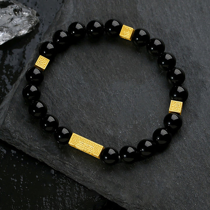 Buddha Stones Schwarzer Obsidian 925 Sterling Silber Fu Charakter Würfel Stärke Armband - Schwarzer Obsidian, Gold (Handgelenkumfang: 17-19 cm) - image 0