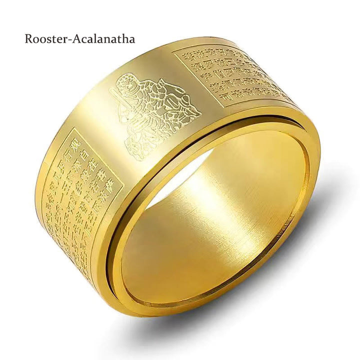 Buddha Stones, chinesisches Sternzeichen, Geburts-Buddha, Herz-Sutra, geschnitzter Titanstahl, ruhiger drehbarer Ring