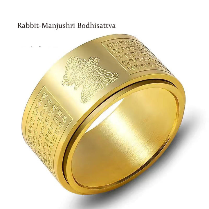 Buddha Stones, chinesisches Sternzeichen, Geburts-Buddha, Herz-Sutra, geschnitzter Titanstahl, ruhiger drehbarer Ring