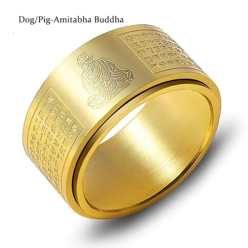 Buddha Stones, chinesisches Sternzeichen, Geburts-Buddha, Herz-Sutra, geschnitzter Titanstahl, ruhiger drehbarer Ring