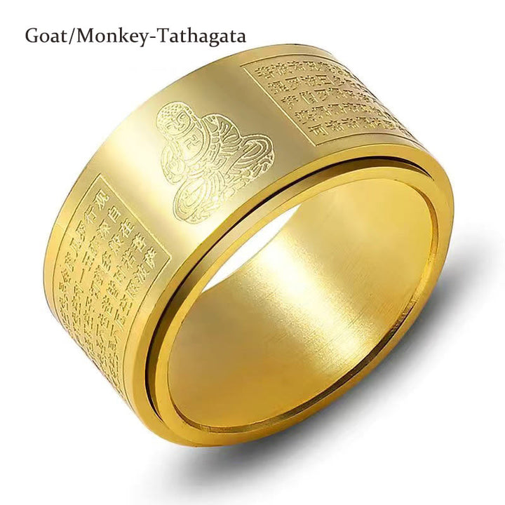 Buddha Stones, chinesisches Sternzeichen, Geburts-Buddha, Herz-Sutra, geschnitzter Titanstahl, ruhiger drehbarer Ring