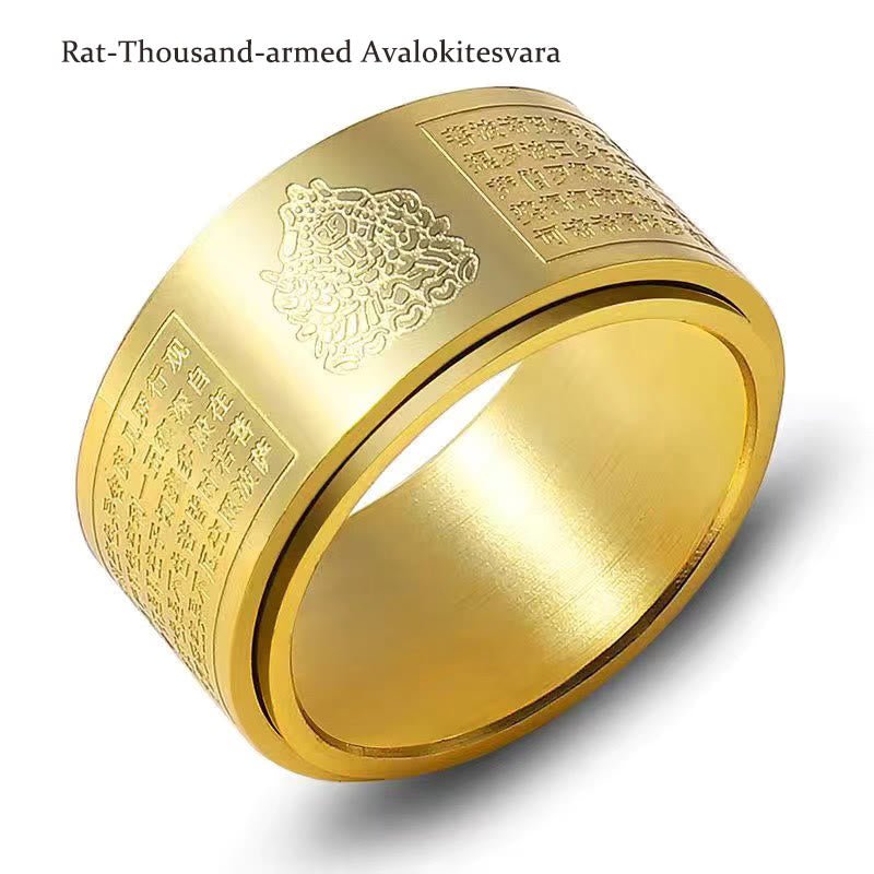 Buddha Stones, chinesisches Sternzeichen, Geburts-Buddha, Herz-Sutra, geschnitzter Titanstahl, ruhiger drehbarer Ring