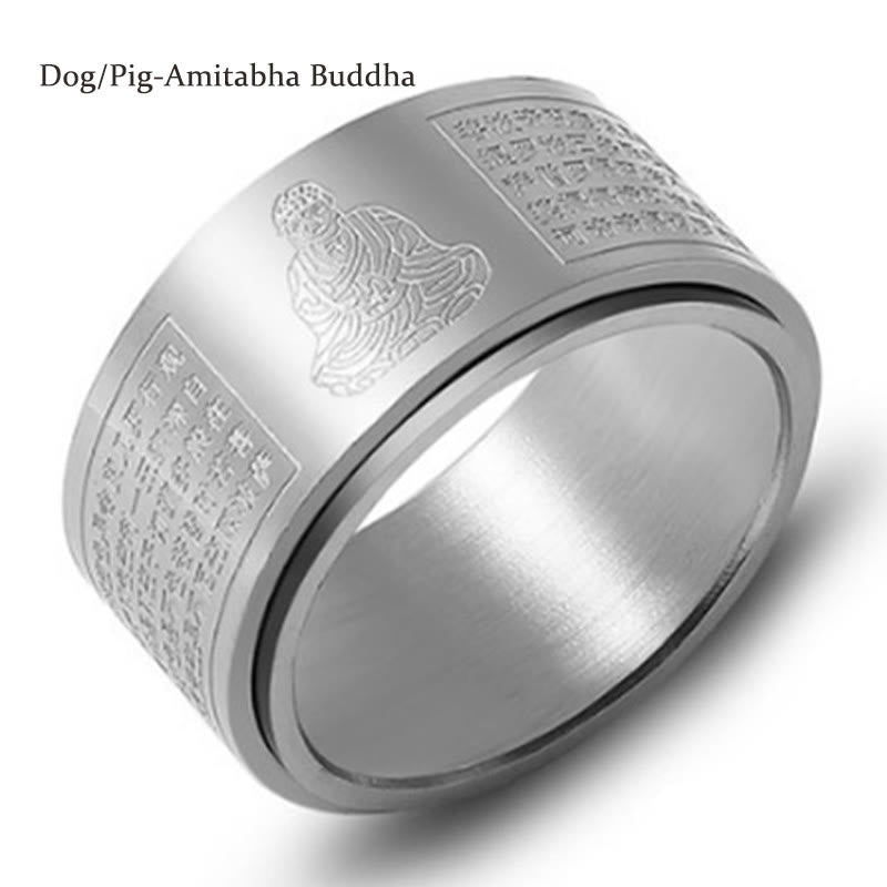 Buddha Stones, chinesisches Sternzeichen, Geburts-Buddha, Herz-Sutra, geschnitzter Titanstahl, ruhiger drehbarer Ring