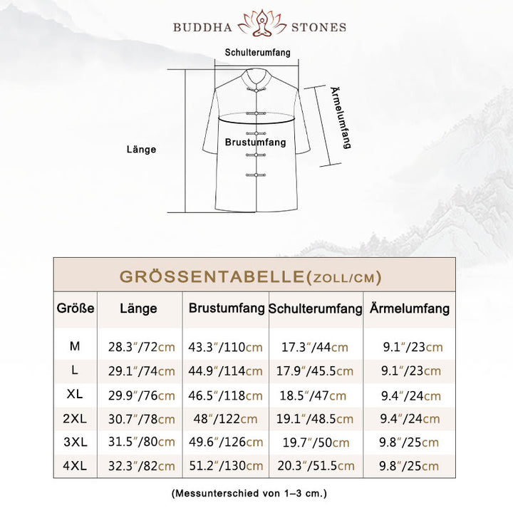 Buddha-Steine, Frosch-Knopf, Fu-Charakter, Drache, Bambusblatt, chinesischer Tang-Anzug, kurzärmeliges Hemd aus Leinen mit Taschen