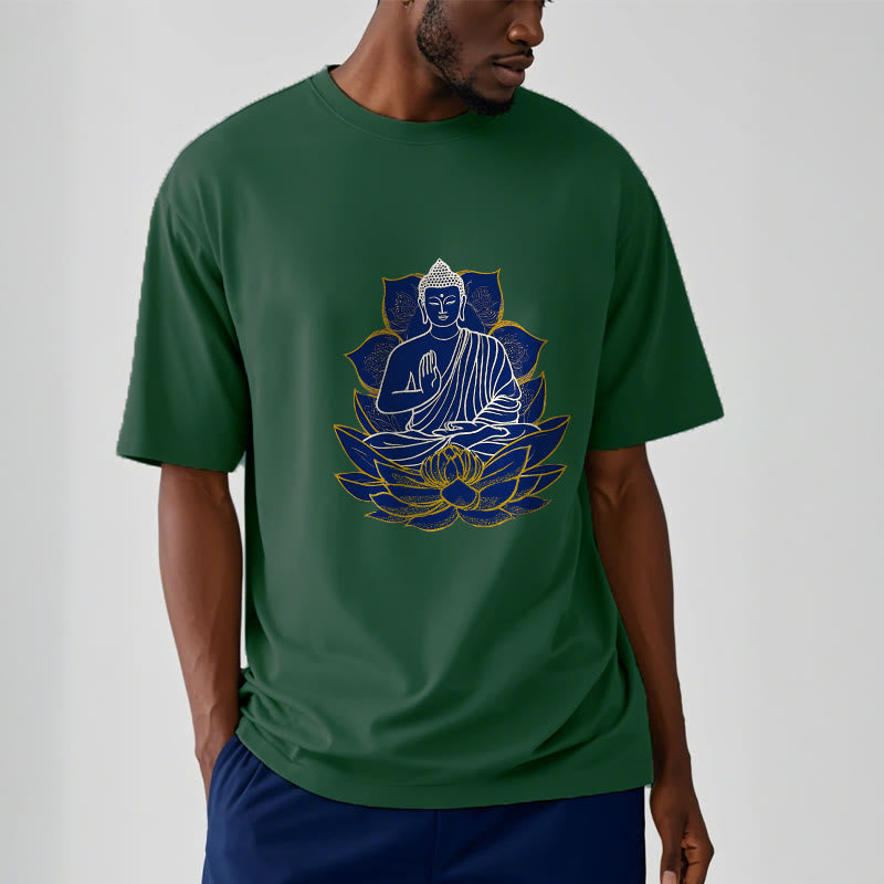 Buddha Stones Buddha sitzt auf dem Lotus Baumwolle T-Shirt