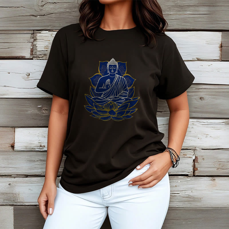 Buddha Stones Buddha sitzt auf dem Lotus Baumwolle T-Shirt