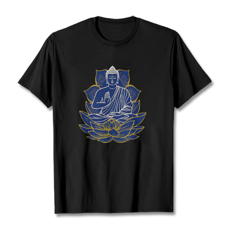 Buddha Stones Buddha sitzt auf dem Lotus Baumwolle T-Shirt