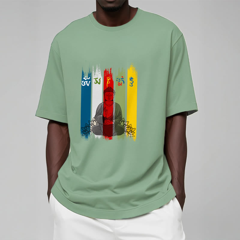 Buddha Stones Sechs Wahre Worte 'Om Mani Padme Hum' Buddha sitzend mit Lotus Baumwolle T-Shirt - image 19