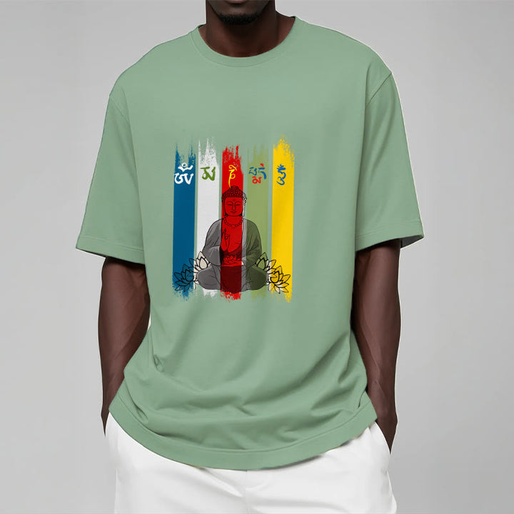 Buddha Stones Sechs Wahre Worte 'Om Mani Padme Hum' Buddha sitzend mit Lotus Baumwolle T-Shirt - image 19