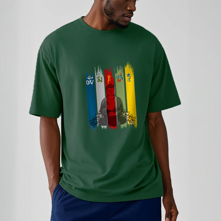 Buddha Stones Sechs Wahre Worte 'Om Mani Padme Hum' Buddha sitzend mit Lotus Baumwolle T-Shirt - image 8