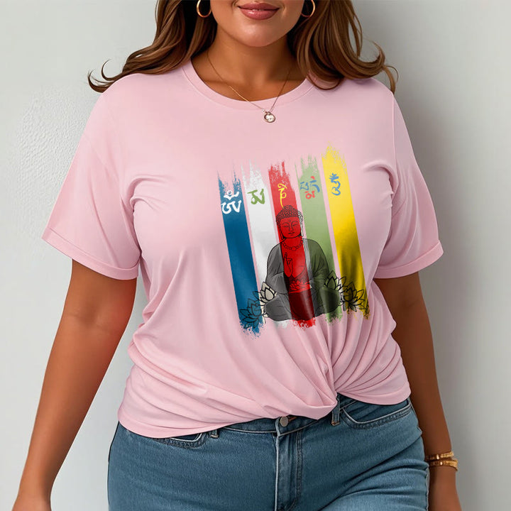 Buddha Stones Sechs Wahre Worte 'Om Mani Padme Hum' Buddha sitzend mit Lotus Baumwolle T-Shirt - image 15