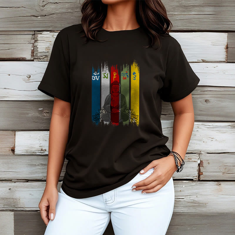 Buddha Stones Sechs Wahre Worte 'Om Mani Padme Hum' Buddha sitzend mit Lotus Baumwolle T-Shirt - image 5