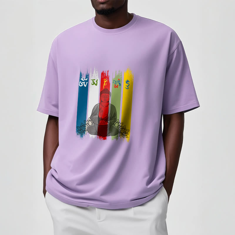 Buddha Stones Sechs Wahre Worte 'Om Mani Padme Hum' Buddha sitzend mit Lotus Baumwolle T-Shirt - image 17