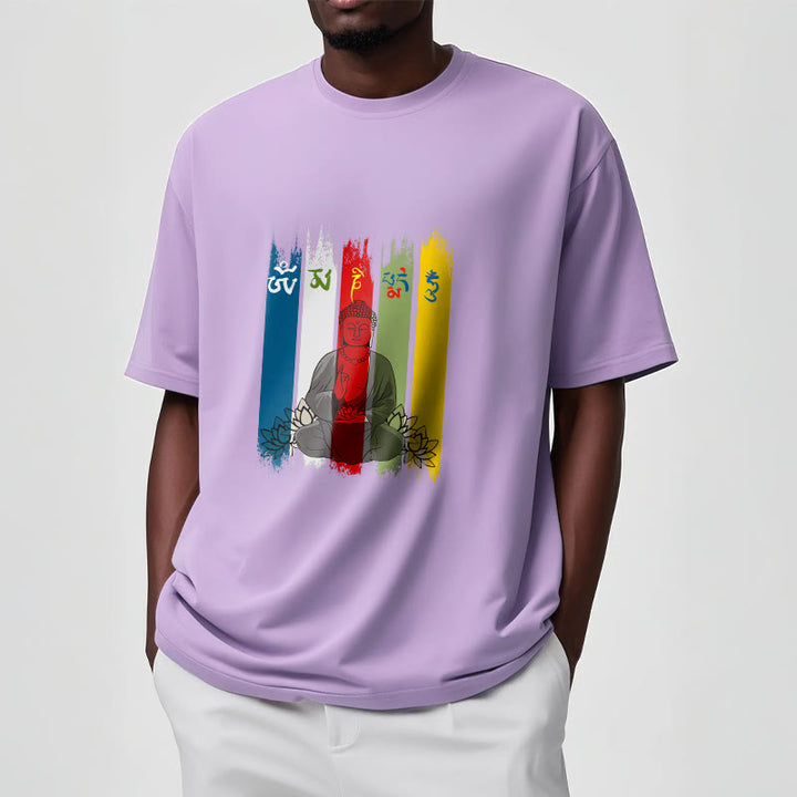 Buddha Stones Sechs Wahre Worte 'Om Mani Padme Hum' Buddha sitzend mit Lotus Baumwolle T-Shirt - image 17