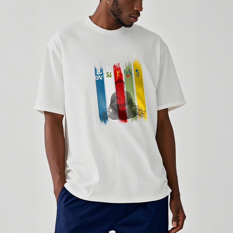 Buddha Stones Sechs Wahre Worte 'Om Mani Padme Hum' Buddha sitzend mit Lotus Baumwolle T-Shirt - image 10