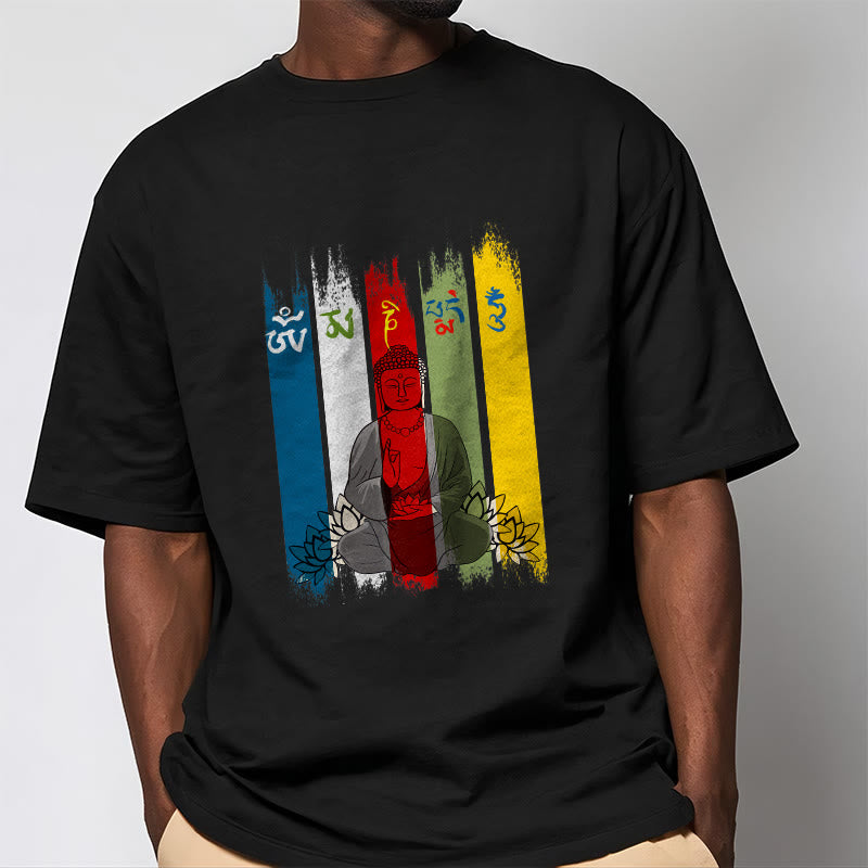 Buddha Stones Sechs Wahre Worte 'Om Mani Padme Hum' Buddha sitzend mit Lotus Baumwolle T-Shirt - image 3