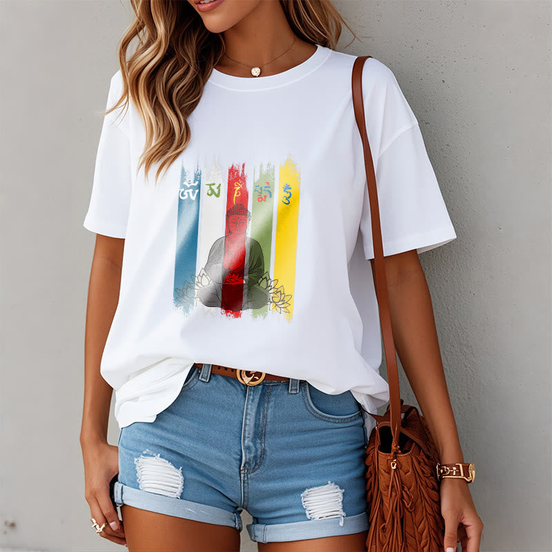 Buddha Stones Sechs Wahre Worte 'Om Mani Padme Hum' Buddha sitzend mit Lotus Baumwolle T-Shirt - image 10
