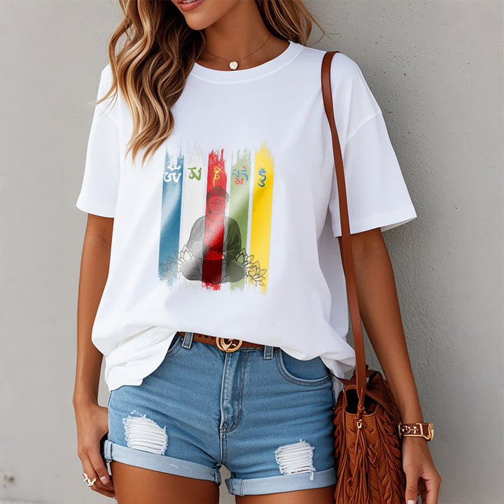 Buddha Stones Sechs Wahre Worte 'Om Mani Padme Hum' Buddha sitzend mit Lotus Baumwolle T-Shirt - image 10