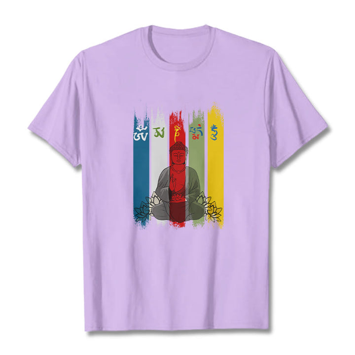 Buddha Stones Sechs Wahre Worte 'Om Mani Padme Hum' Buddha sitzend mit Lotus Baumwolle T-Shirt - Pflaume - 2XL - image 16