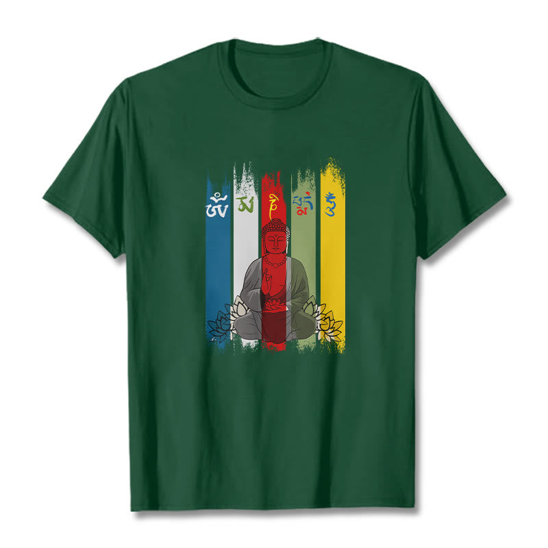 Buddha Stones Sechs Wahre Worte 'Om Mani Padme Hum' Buddha sitzend mit Lotus Baumwolle T-Shirt - Waldgrün - 2XL - image 6