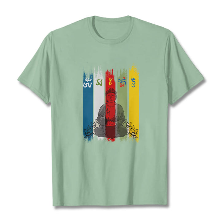 Buddha Stones Sechs Wahre Worte 'Om Mani Padme Hum' Buddha sitzend mit Lotus Baumwolle T-Shirt - Hellgrün - 2XL - image 18