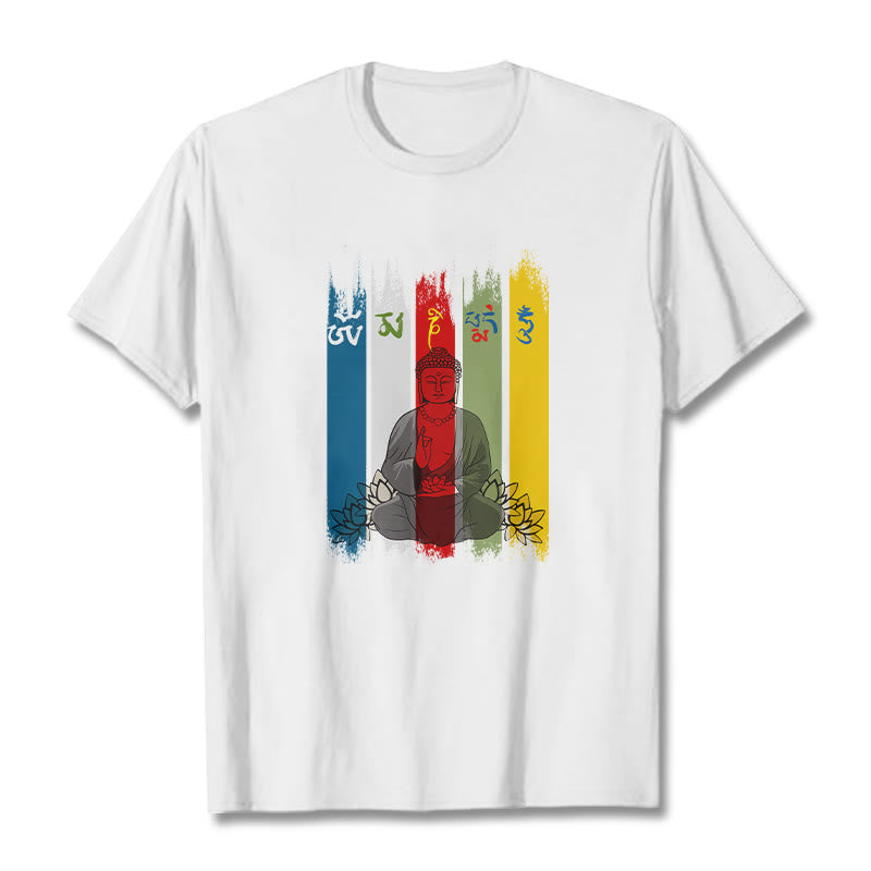 Buddha Stones Sechs Wahre Worte 'Om Mani Padme Hum' Buddha sitzend mit Lotus Baumwolle T-Shirt - Weiß - 2XL - image 8