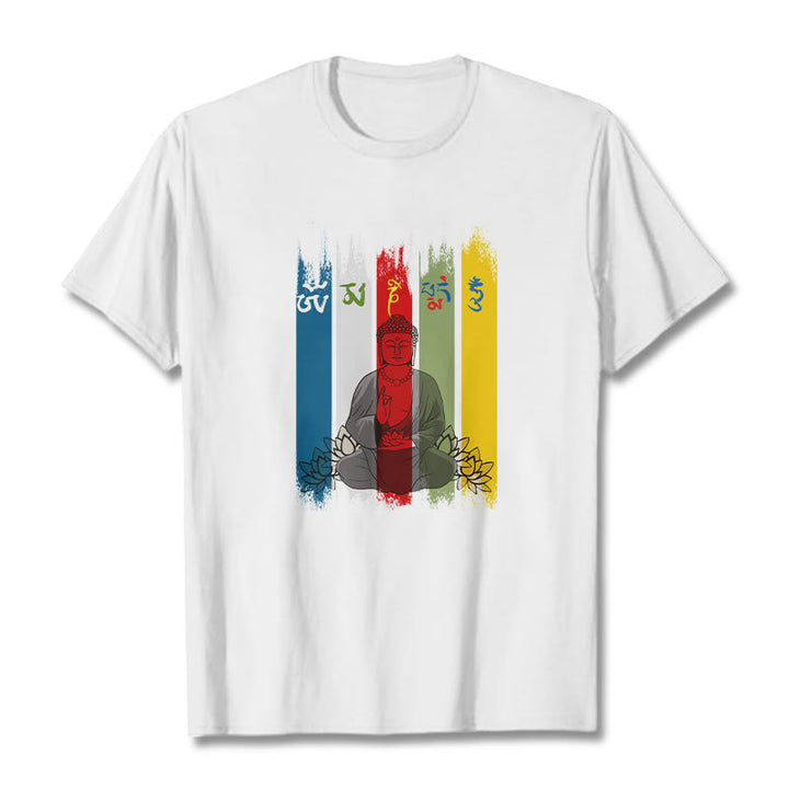 Buddha Stones Sechs Wahre Worte 'Om Mani Padme Hum' Buddha sitzend mit Lotus Baumwolle T-Shirt - Weiß - 2XL - image 8