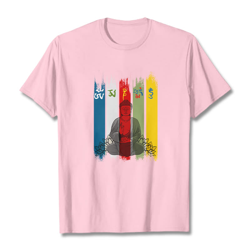 Buddha Stones Sechs Wahre Worte 'Om Mani Padme Hum' Buddha sitzend mit Lotus Baumwolle T-Shirt - Hellrosa - 2XL - image 14